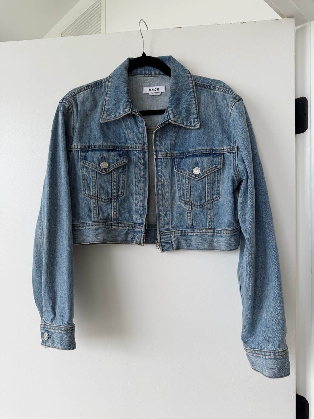 Re/Done Light Blue Cropped Denim Trucker Jacket